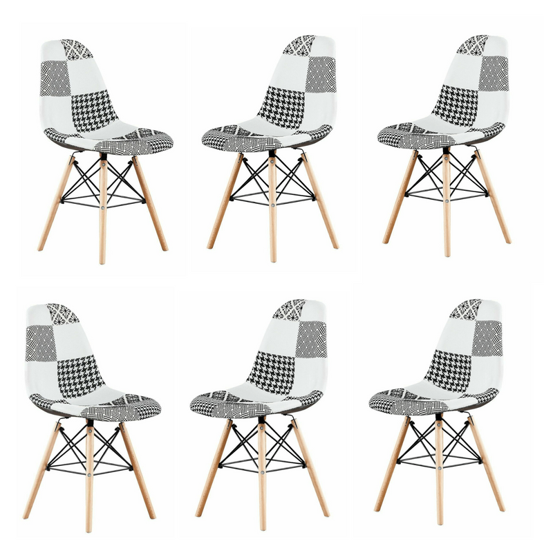 Black/White Patchwork Modern Dining Chair with Wooden Legs & Black Metal Wire Frame PN Home