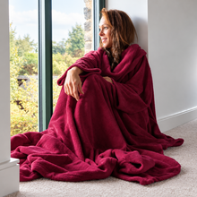 Snug-Rug Deluxe Wearable Blanket with Sleeves & Pouch Pocket – Mulberry Red Coral Fleece