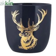 Blue and gold ceramic stag planter, 12.3cm front view