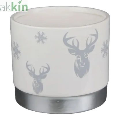 Ceramic Planter With Stag & Silver Base 13cm White AK Kin Garden Supplies