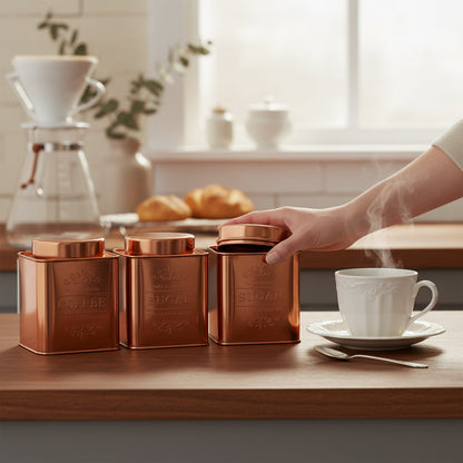 Chai Set of 3 Copper Finish Tea, Coffee & Sugar Canisters House, Home & Garden