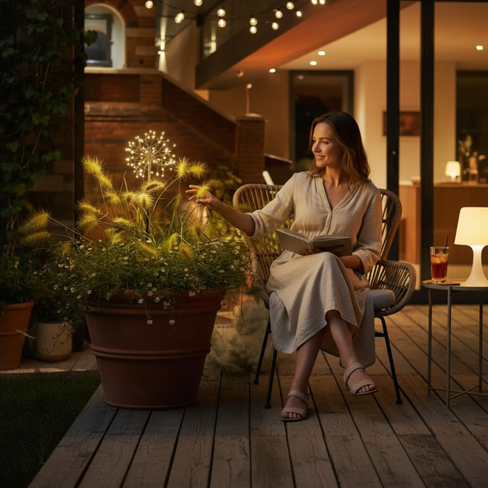 Brown Mini Dandelion Solar Light With 64 Warm White LEDs Dual Powered Indoor Outdoor Use