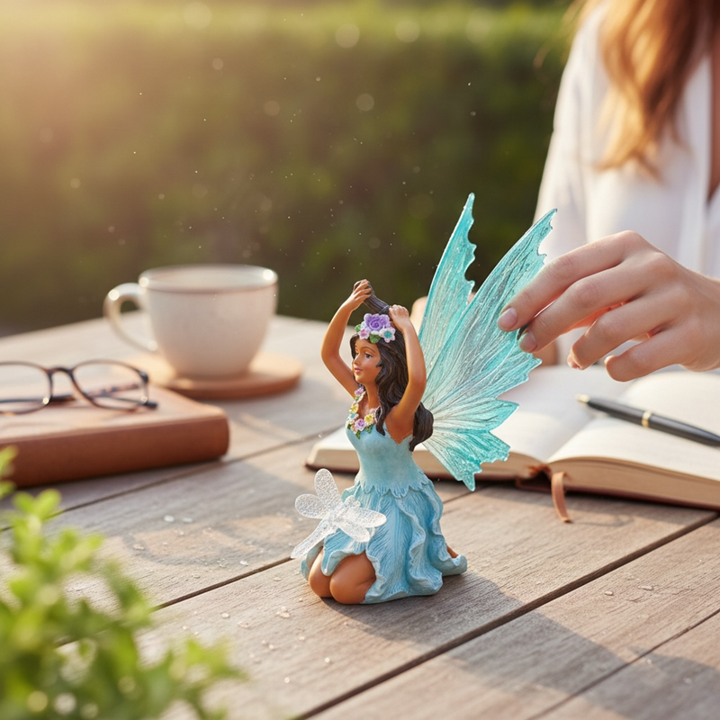 Resin Fairy Figurine in Blue Dress with Solar Lights