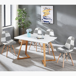Black/White Patchwork Modern Dining Chair with Wooden Legs & Black Metal Wire Frame