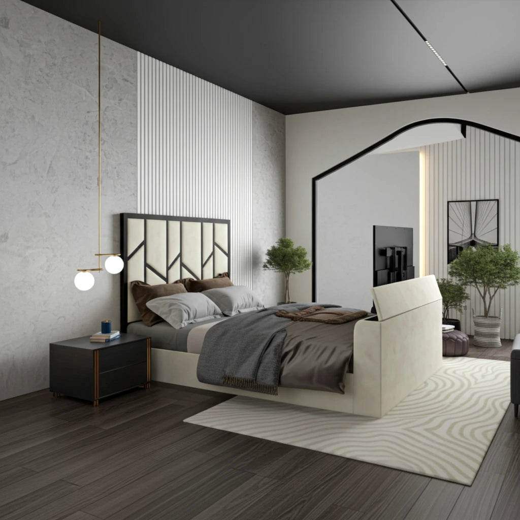 Elora Panel-Lined Upholstered TV Bed Frame - Modern Fabric Bed | UK Beds Direct UK Beds Direct ltd