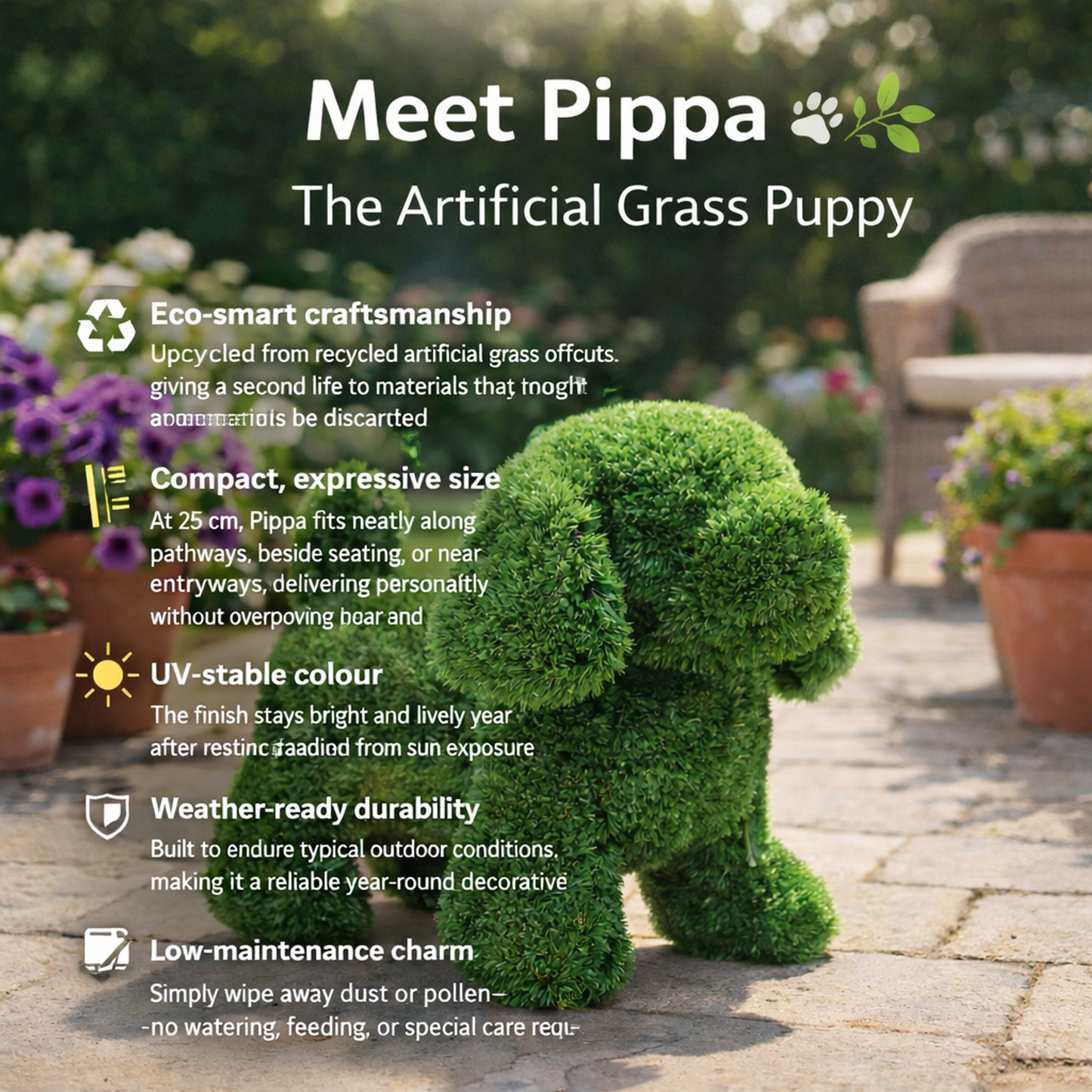 Artificial Grass Puppy Pippa Garden Ornament 25cm UV Stabilised Eco Friendly Recycled Grass Decor For Outdoor Spaces