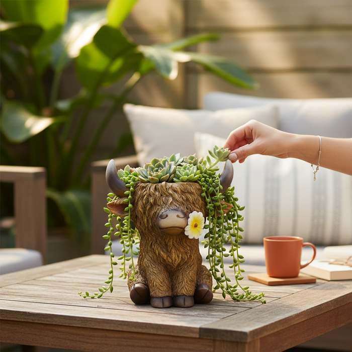 Highland Cow Sitting Up Decorative Planter for Modern Home Decor Minimalist Farmhouse Style
