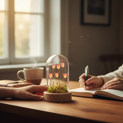 Flora Wonderland Indoor Decor Light Glass Wood Freestanding Ornament 14cm Battery Powered 6 Warm White LEDs Timer