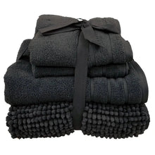 Four Pack Chenille Bath Mat & Towel Bundle Ribbon Tied -Charcoal AK Kin Garden Supplies