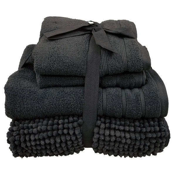Four Pack Chenille Bath Mat & Towel Bundle Ribbon Tied -Charcoal AK Kin Garden Supplies
