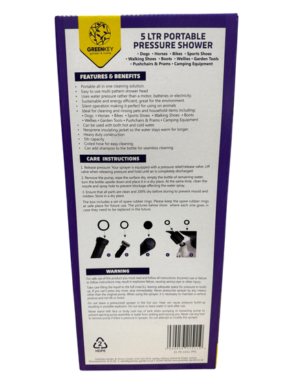 Greenkey 5 Litre Portable Pressure Shower – Hand Pump Camping Shower for Dogs, Horses, Bikes, Shoes & Outdoor Cleaning House, Home & Garden