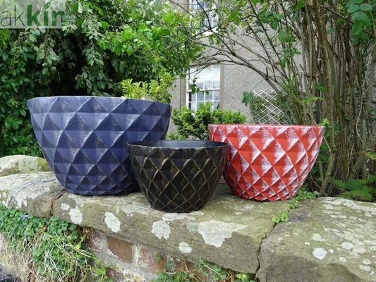 Grey And Silver Decorative Home & Garden Diamond Plastic Pot Planter Round 33cm - AK Kin Garden Supplies