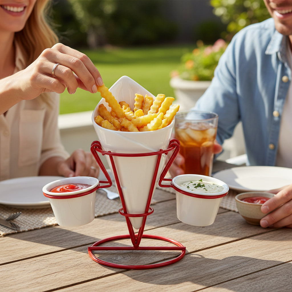 Hollywood French Fry Cone with 2 Dip Dishes & Metal Stand House, Home & Garden