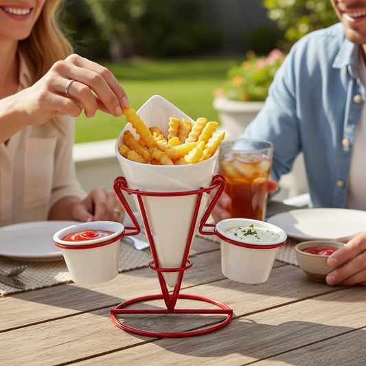 Hollywood French Fry Cone with 2 Dip Dishes & Metal Stand House, Home & Garden