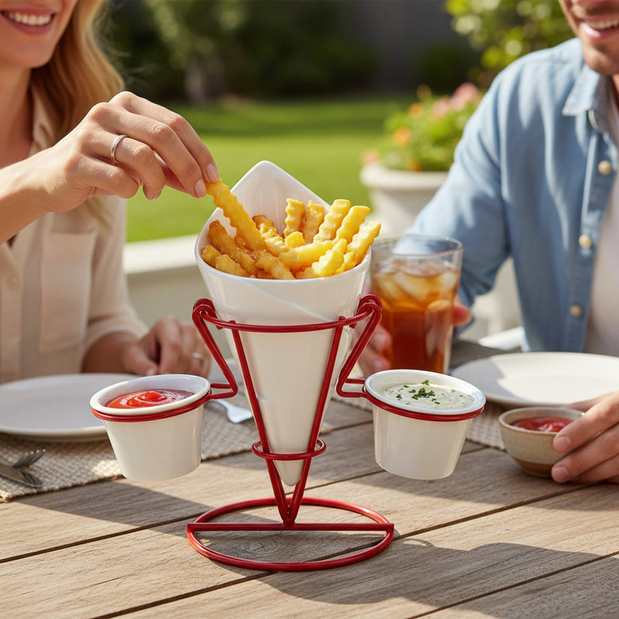 Hollywood French Fry Cone with 2 Dip Dishes & Metal Stand House, Home & Garden