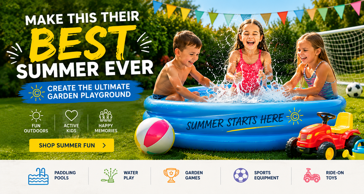 A family of three playing in a blue inflatable pool on a green grass backyard, with promotional text reading 'MAKE THIS THEIR BEST SUMMER EVER' and feature icons for fun outdoors, active kids, happy memories, and summer fun. A banner at the bottom lists pool, water play, garden games, sports equipment, and ride-on toys.