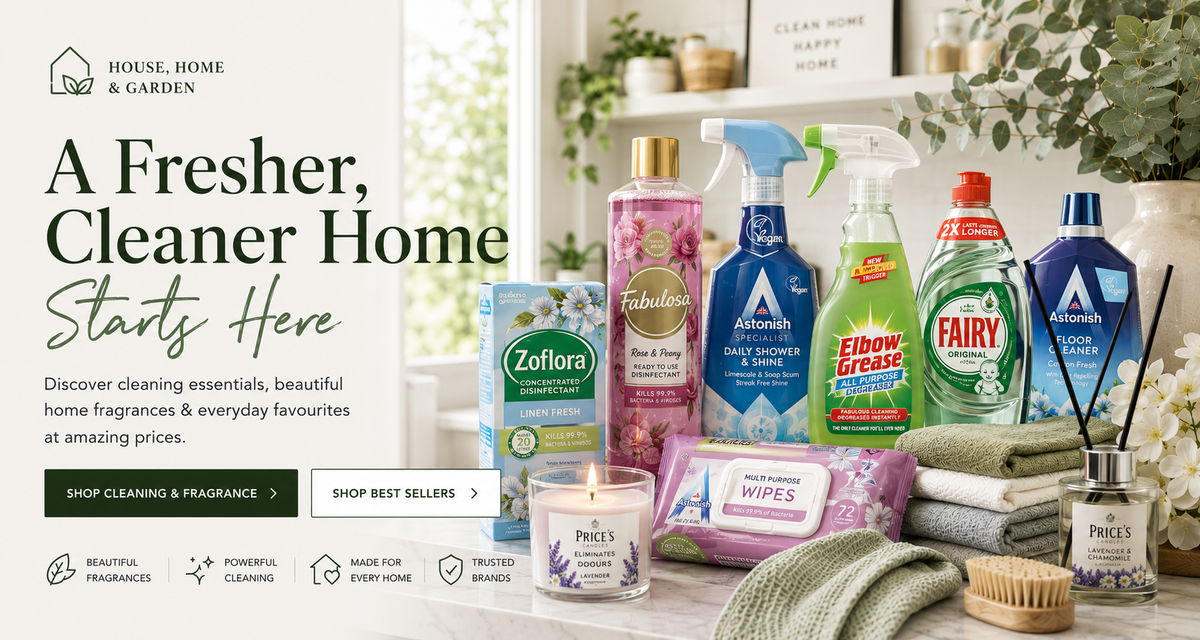 A promotional banner for 'House, Home & Garden' featuring a collection of cleaning products including Zofra, Fabulasia, Ambrox, Elbow Grease, Fairy, and Lavender candles, alongside towels, a brush, and a reed diffuser, set against a bright, airy room background.
