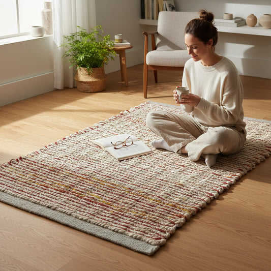 Jute & Cotton Rug – Blue, Red & Natural (120 × 170cm) House, Home & Garden