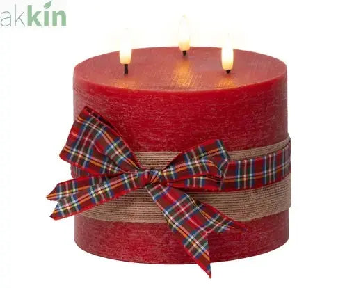 LED 3 Wick Candle Wax Check Bow Decoration Steady Light Indoor Decoration Red & Warm White - D.15cm H.15cm AK Kin Garden Supplies