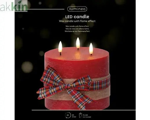 LED 3 Wick Candle Wax Check Bow Decoration Steady Light Indoor Decoration Red & Warm White - D.15cm H.15cm AK Kin Garden Supplies