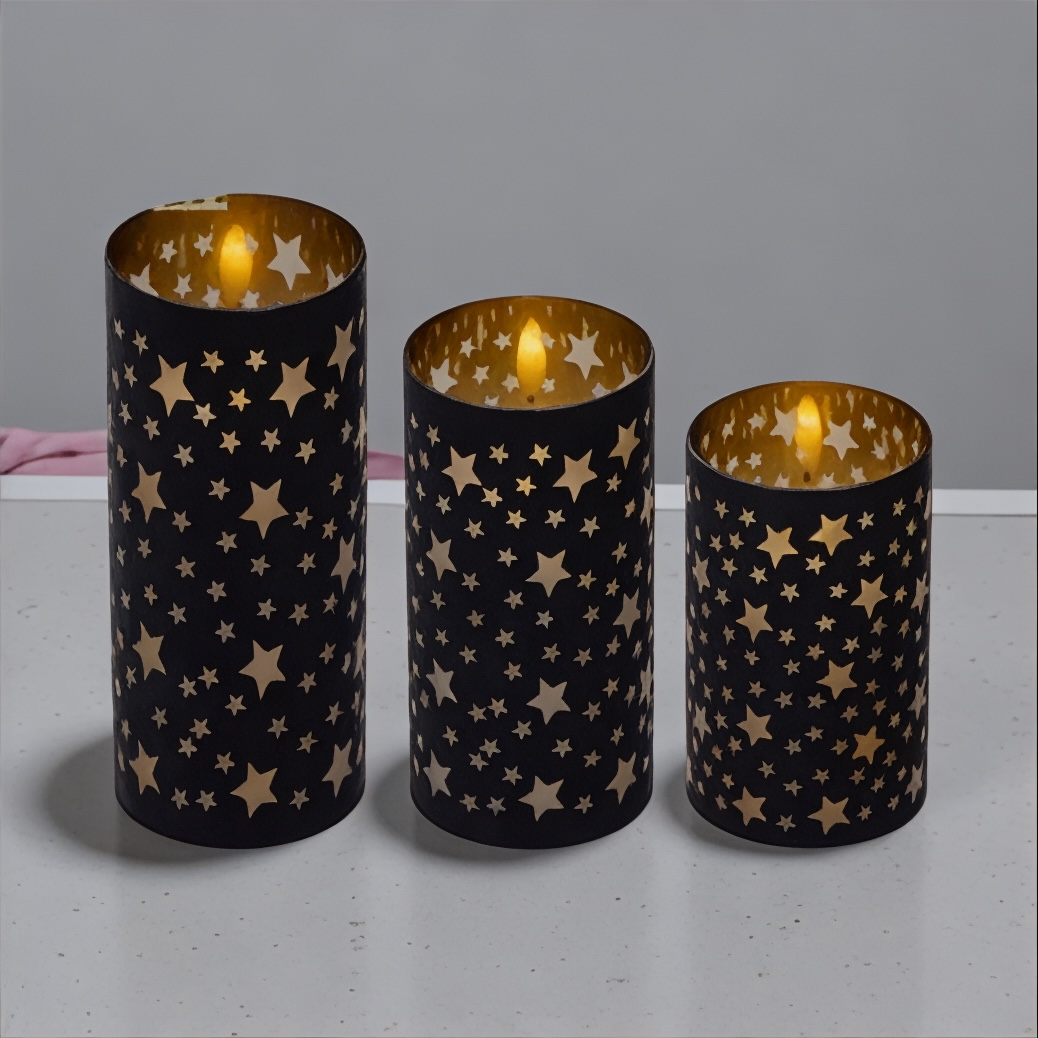 LED Black Wick Candle Glass Cylinder Star Design Steady Indoor Decoration House, Home & Garden