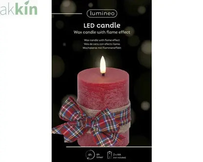 LED Wick Candle Wax Check Bow Decoration Steady Light Indoor Decoration Red & Warm White - D.7.5cm H.13cm AK Kin Garden Supplies