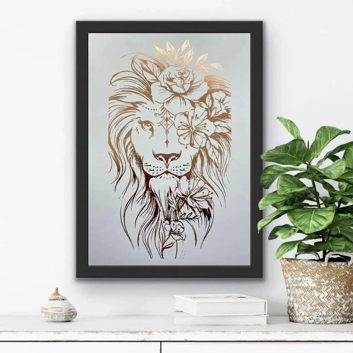 Lion Print Foil Print White/Rose Gold Wall Art A4 AK Kin Garden Supplies