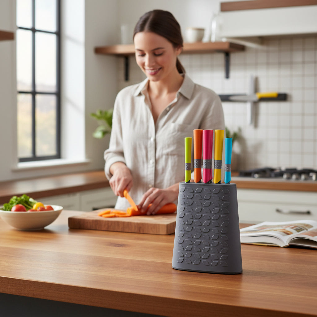 Living Colour 5-Piece Knife Set with Rubber Handles & Block House, Home & Garden