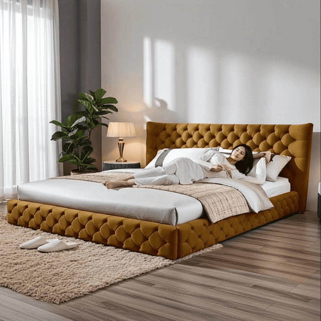 Madeline Wingback Bed – Curved Floor-Standing Upholstered Bed UK Beds Direct ltd