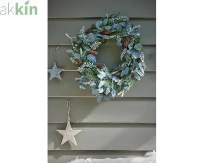 Modern Christmas Wreath Silver Leaves and Pinecones - Large 40cm AK Kin Garden Supplies