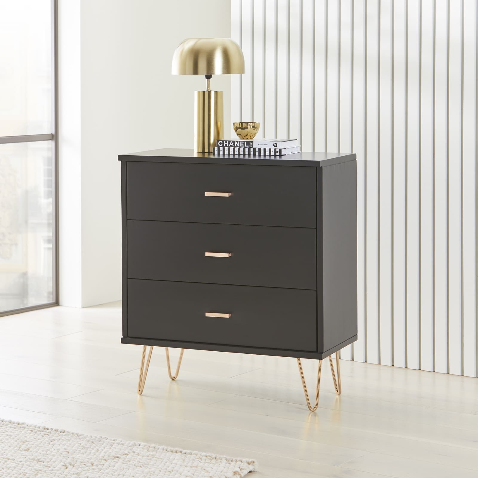 Monroe Solid Wood Black Chest of 3 Drawers Fishe and Lilly
