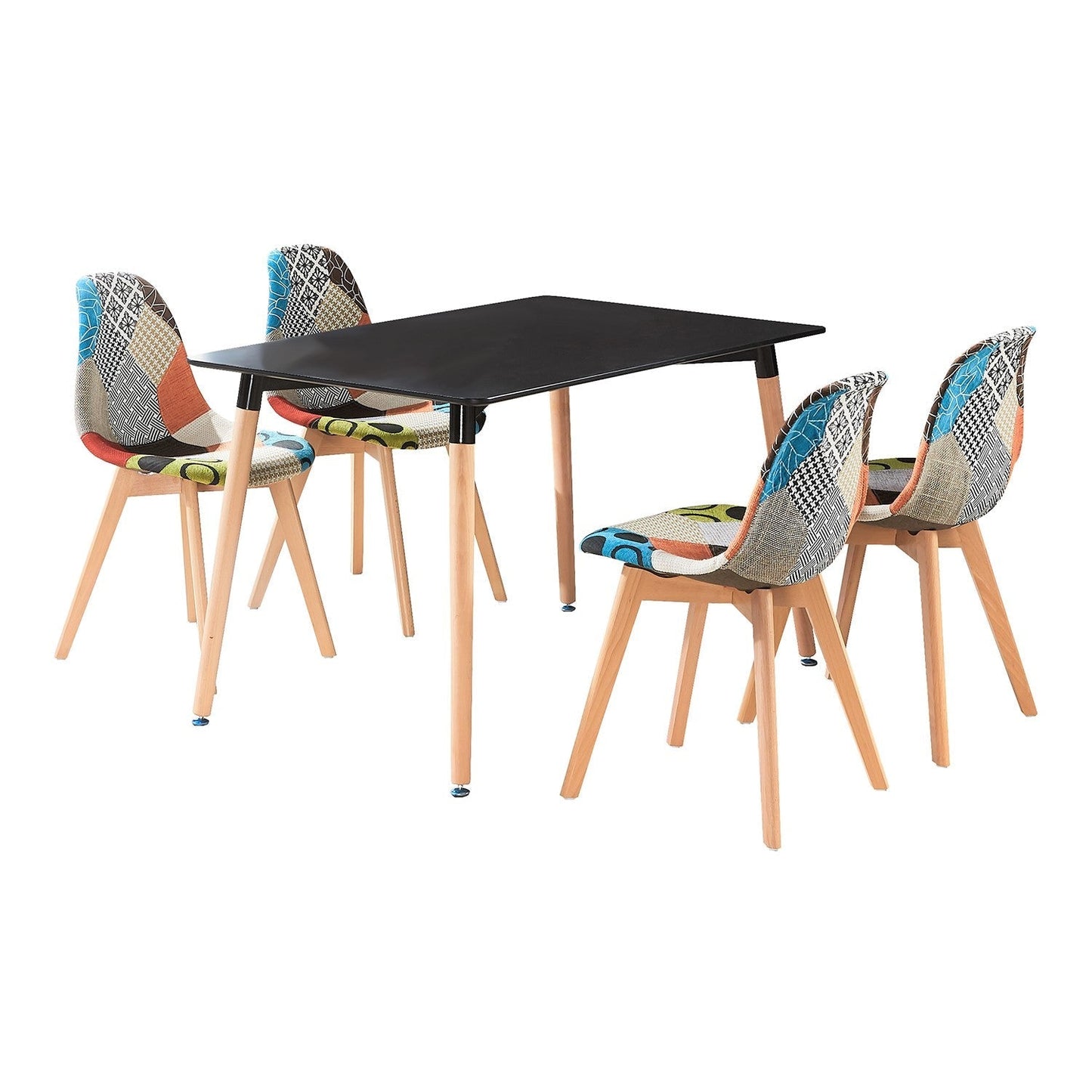 Patchwork Halo Dining Set Includes a Black Dining Table & Set of 4 Multicolour Fabric Chairs PN Home