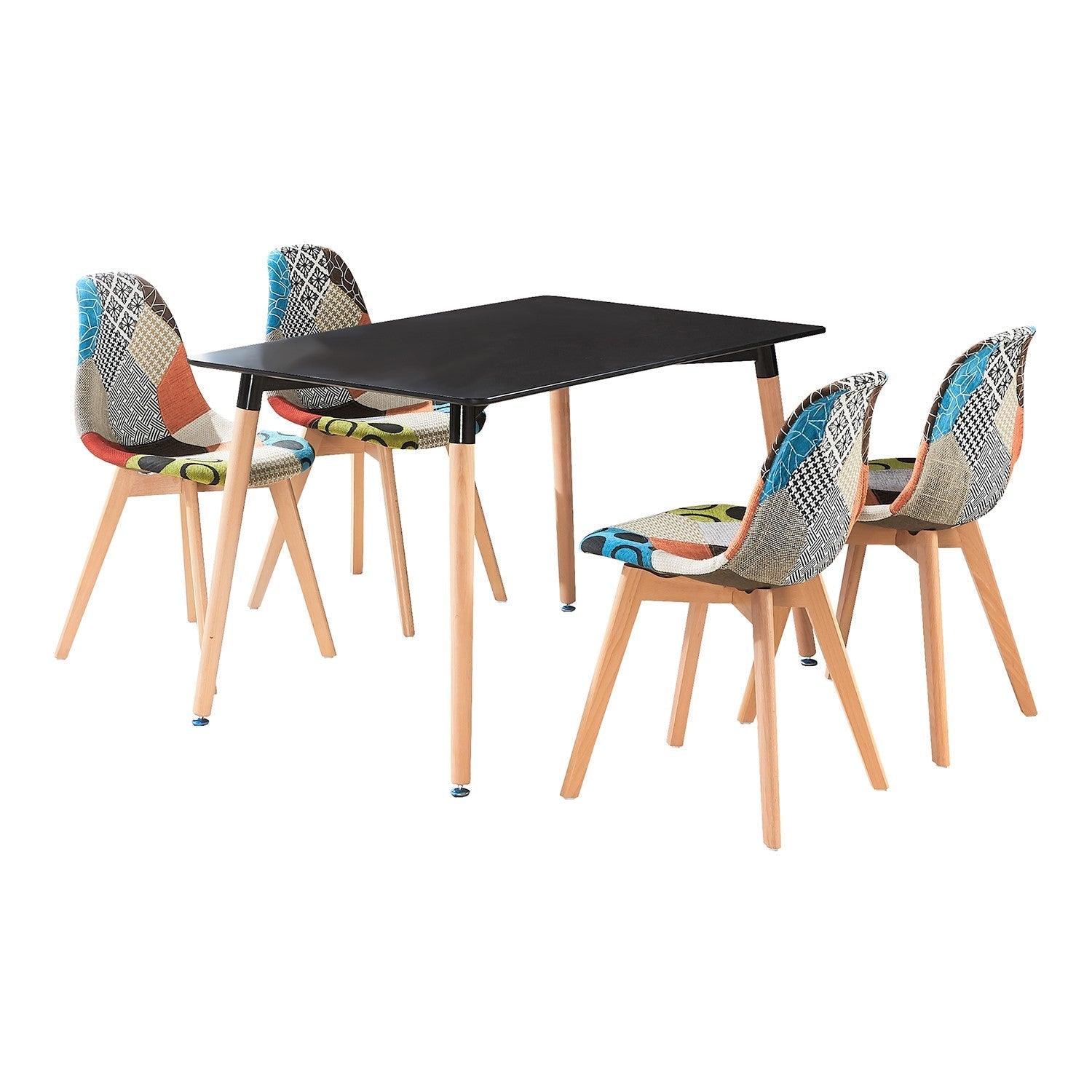 Patchwork Halo Dining Set Includes a Black Dining Table & Set of 4 Multicolour Fabric Chairs PN Home