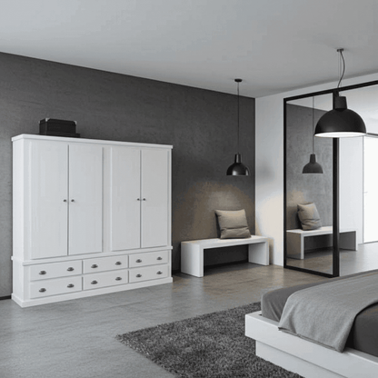 Pine Wooden Wardrobe 6 Drawers 4 Doors – Solid FSC-Certified Wood, Available in White, Grey & Dark Grey UK Beds Direct ltd