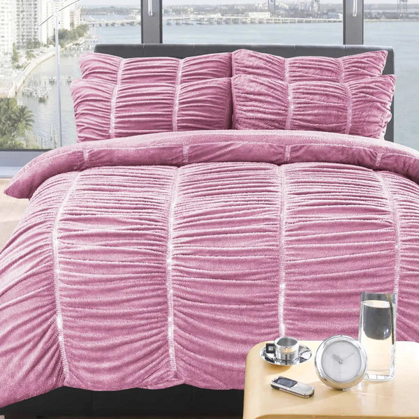 Pink Soft Touch Retro Ruched Teddy Bear Fleece Embellished Double Duvet Set AK Kin Garden Supplies