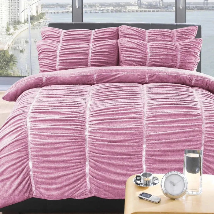 Pink Soft Touch Retro Ruched Teddy Bear Fleece Embellished Double Duvet Set AK Kin Garden Supplies