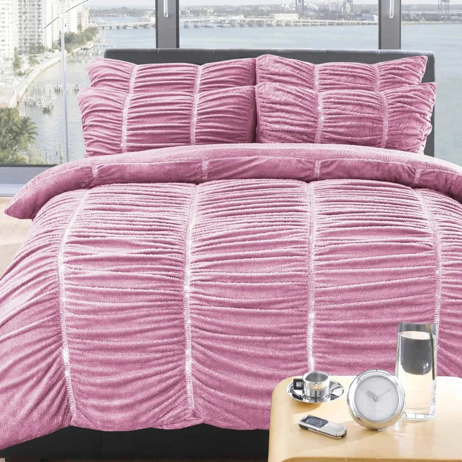 Pink Soft Touch Retro Ruched Teddy Bear Fleece Embellished Double Duvet Set AK Kin Garden Supplies