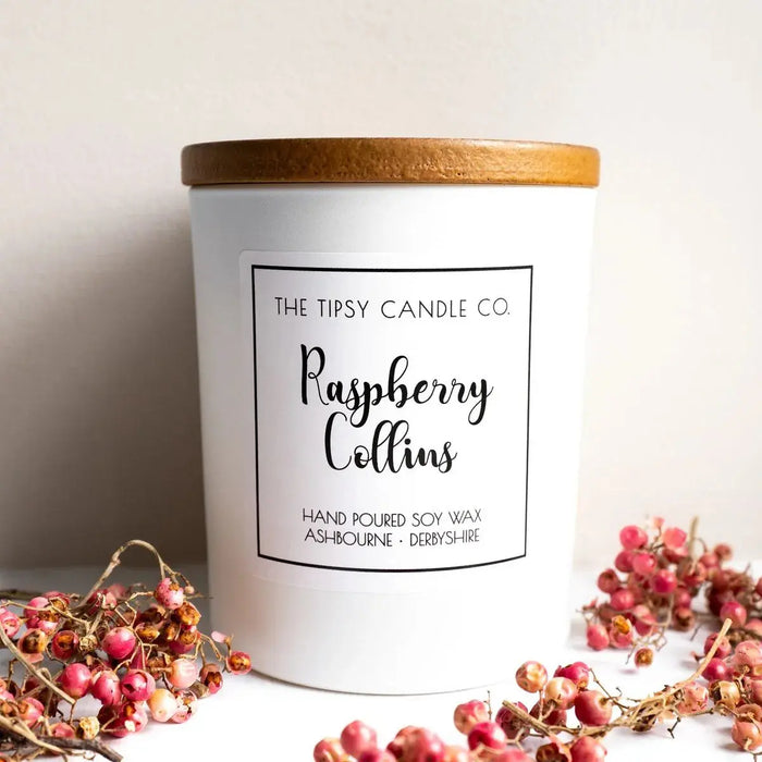 Raspberry Collins Scented Candle - White Glass Jar 300ml AK Kin Garden Supplies