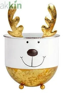 Gold and white reindeer planter with feet, 16cm