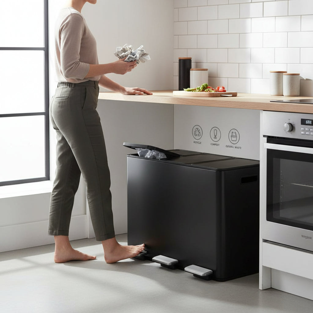 Rex 45L Matte Black 3-Compartment Recycling Bin House, Home & Garden