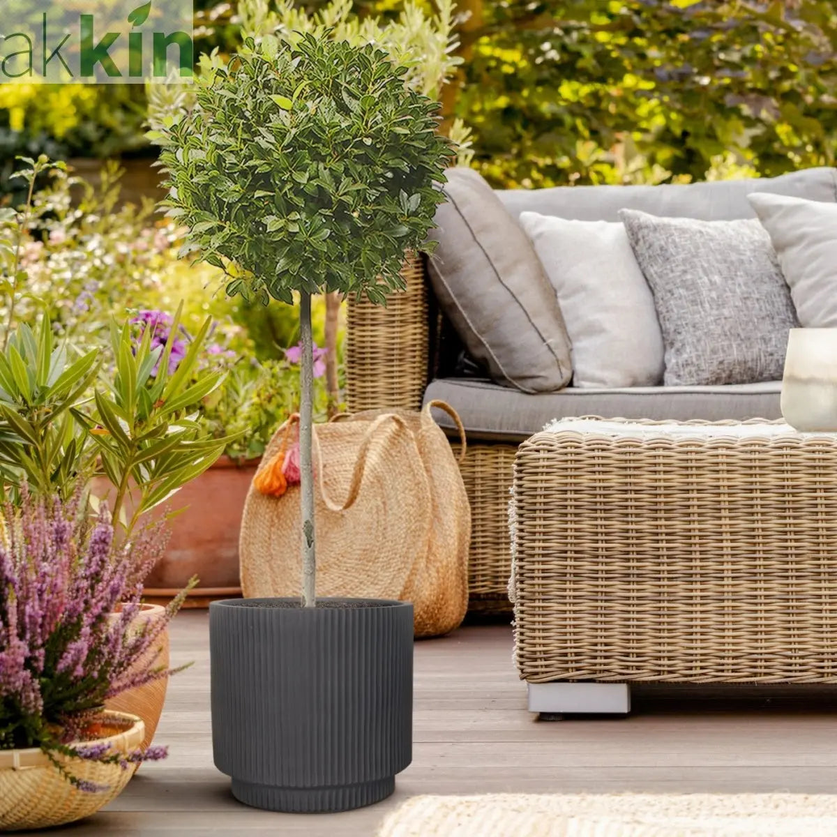 IDEALIST Lite Vertical Ribbed Black Cylinder Outdoor Planter One Click Plants