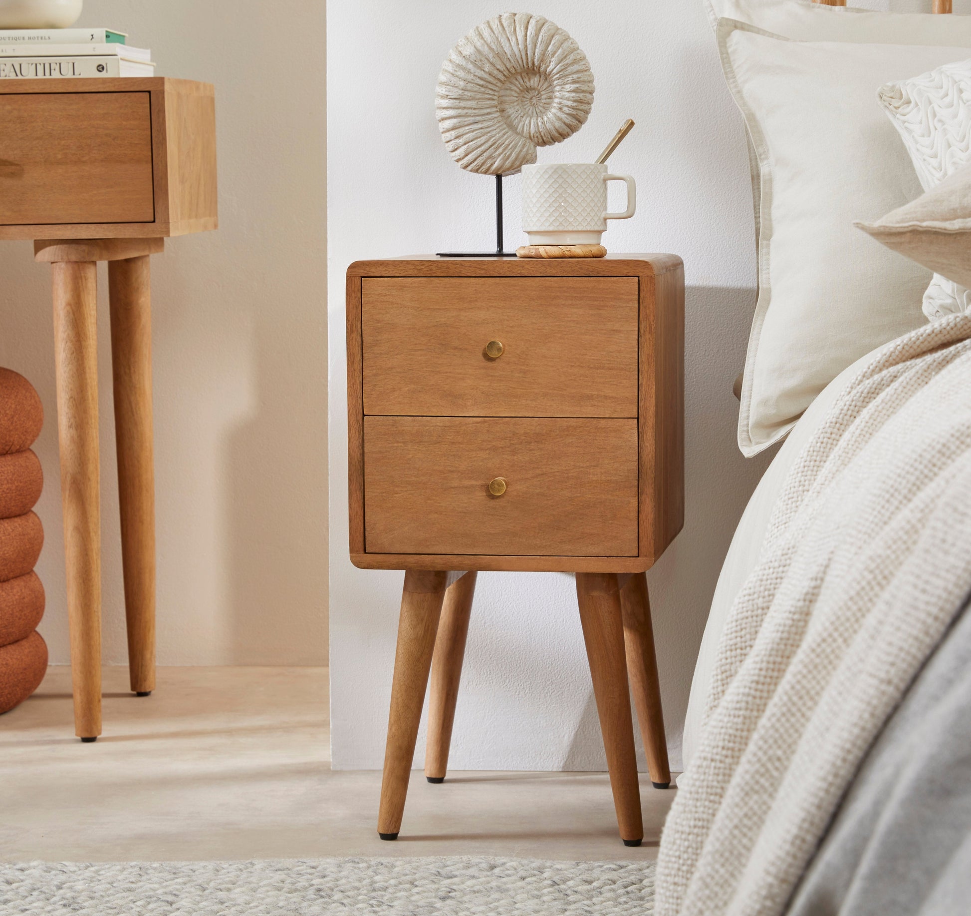 Scandinavian Light Walnut Logan Narrow Bedside Table Fishe and Lilly