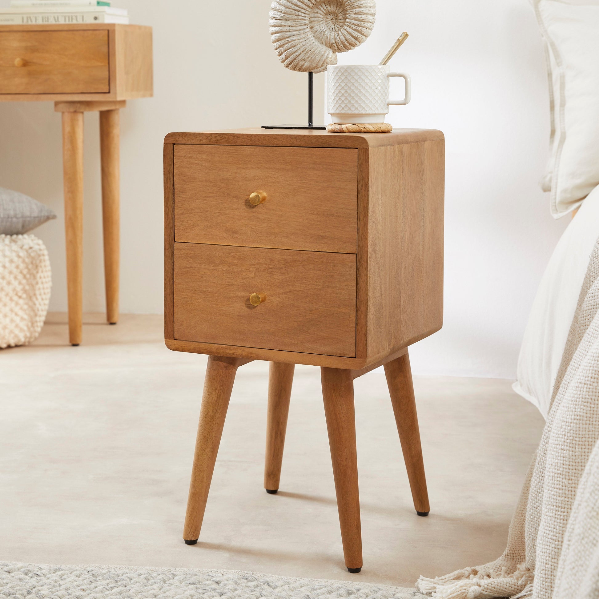 Scandinavian Light Walnut Logan Narrow Bedside Table Fishe and Lilly