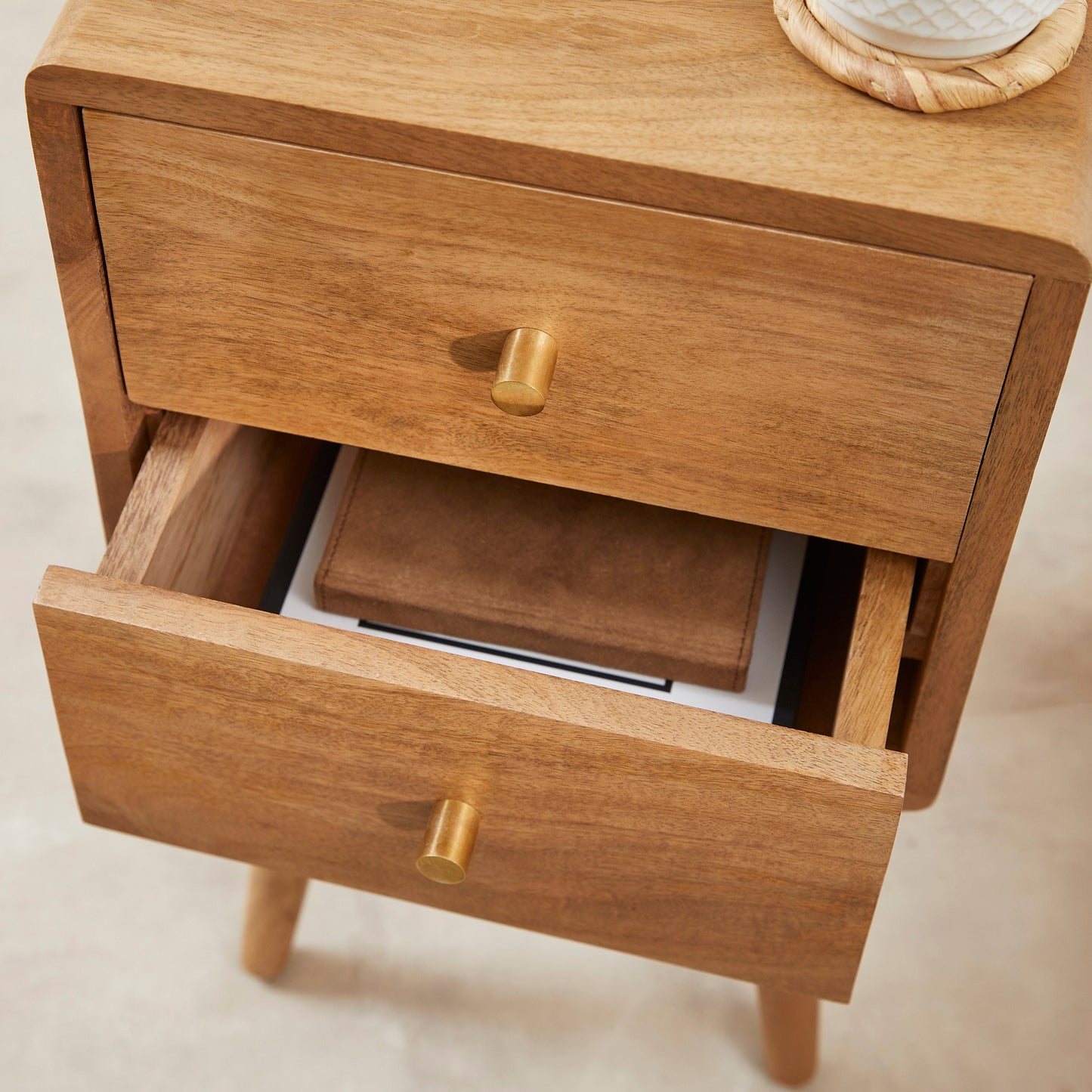 Scandinavian Light Walnut Logan Narrow Bedside Table Fishe and Lilly