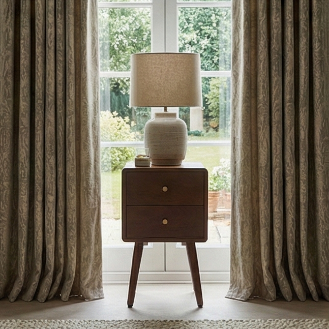 Scandinavian Walnut Logan Narrow Bedside Table Fishe and Lilly