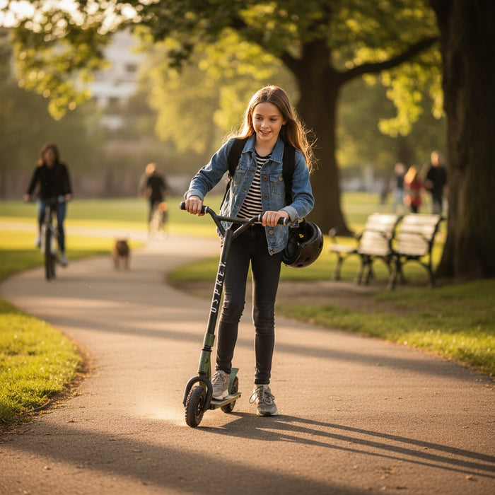 A young woman riding a green electric scooter on a sunlit park path, wearing a denim jacket, striped shirt, and black leggings, with trees and park benches in the background.