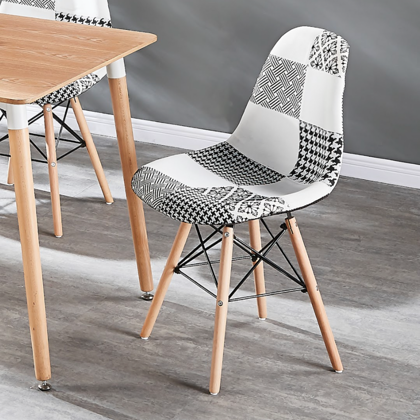 Black/White Patchwork Modern Dining Chair with Wooden Legs & Black Metal Wire Frame