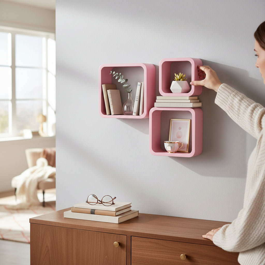 Set of 3 Pink MDF Wall Cube Shelves House, Home & Garden