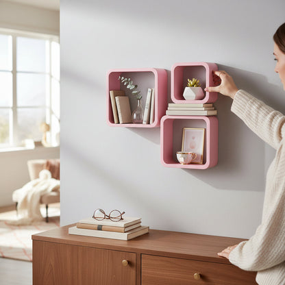 Set of 3 Pink MDF Wall Cube Shelves House, Home & Garden