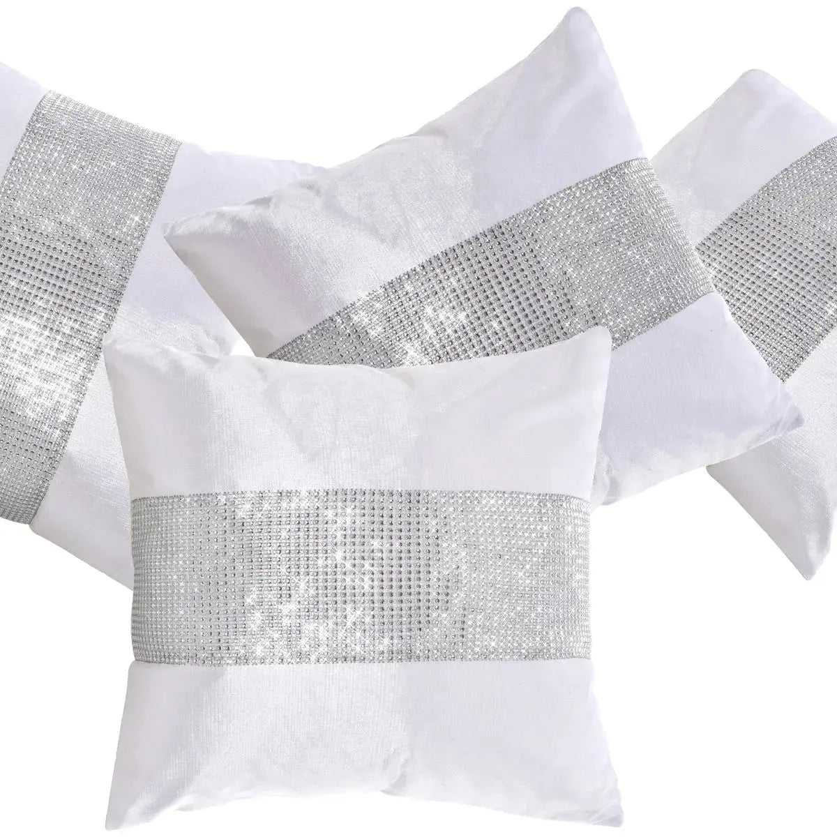 Set of 4 White Crushed Velvet Cushion Covers Diamante Embellished 43 x 43 cm AK Kin Garden Supplies